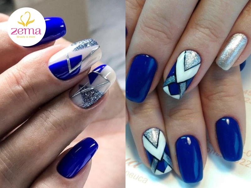 Mẫu nail xanh coban họa tiết hình học