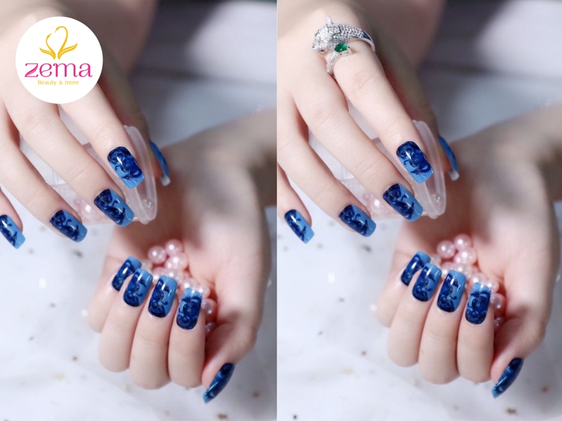 Mẫu nail xanh coban vân đá