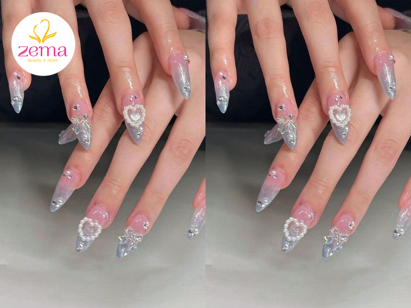 Nhũ lấp lánh giúp cho mẫu nail móng nhọn tròn thêm xinh